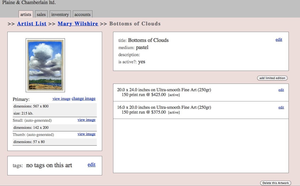 Plaine and Chamberlain Ltd. - Artwork Admin Screen